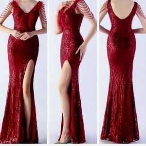 Red, Geo Print, Ostrich Feather V Neck, Beaded Sleeves, Sequined Mermaid Gown